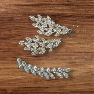 Rhinestone Silver Leaf Earrings & Matching Brooch Set  Bold Sparkly Style For Al